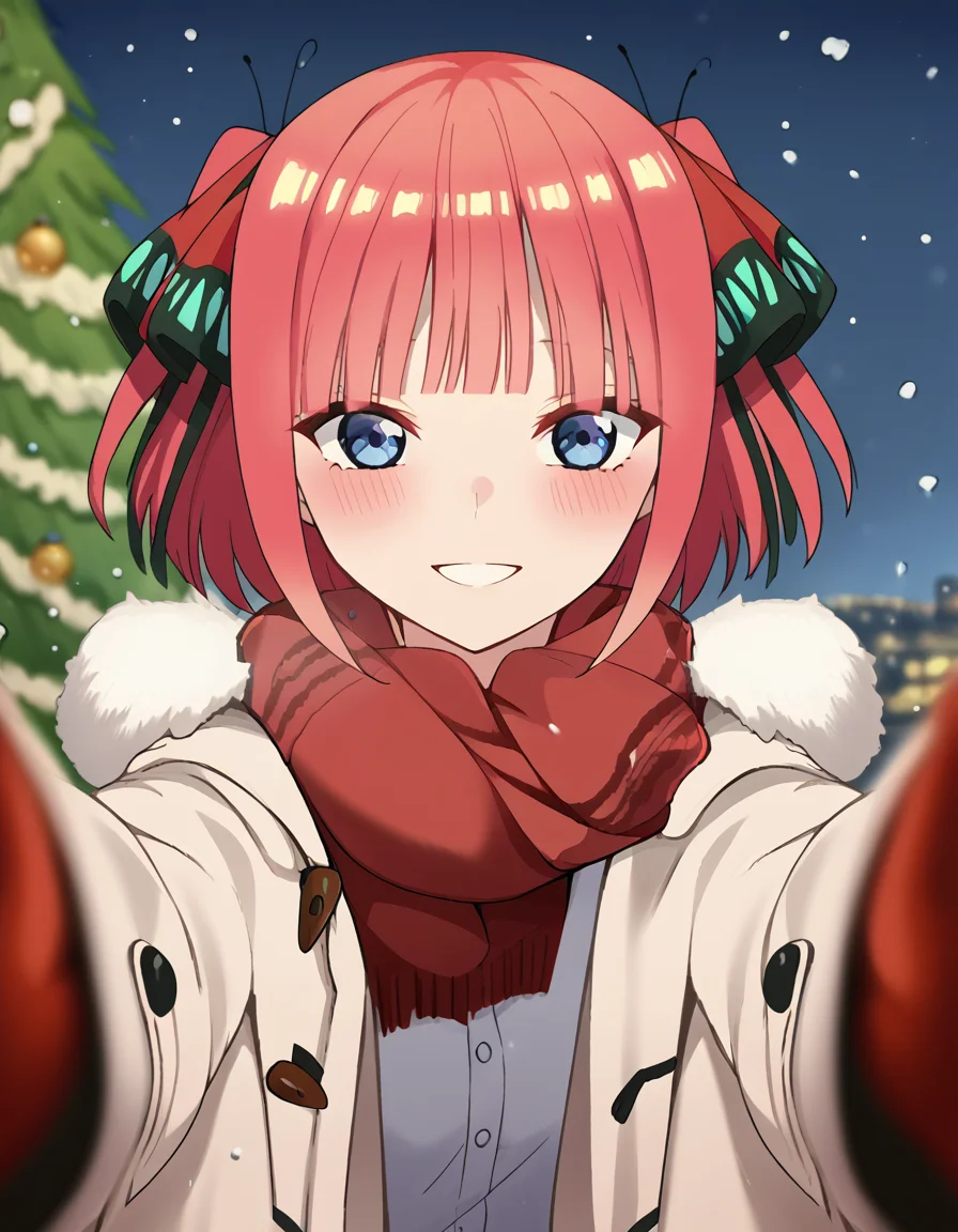 score_9, score_8_up, score_7_up, source_anime, <lora:nnakano-s2-ponyxl-lora-nochekaiser:1>, short hair, bangs, blue eyes, hair ornament, hair ribbon, pink hair, blunt bangs, two side up, butterfly hair ornament, large breasts,, <lora:pov-cheek-warming-ponyxl-lora-nochekaiser:1>, pov cheek warming, pov cheek warming (meme), winter gloves, duffel coat, fur-trimmed scarf, winter clothes, red mittens, meme, winter coat, red scarf, fur-trimmed coat, reaching towards viewer, reaching, mittens, fur-trimmed hood, white coat, open coat, scarf, coat, red gloves, snowing, pov, fur trim, depth of field, smile, blush,, christmas, christmas tree, christmas lights,,