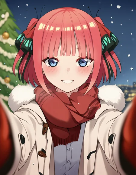 score_9, score_8_up, score_7_up, source_anime, <lora:nnakano-s2-ponyxl-lora-nochekaiser:1>, short hair, bangs, blue eyes, hair ornament, hair ribbon, pink hair, blunt bangs, two side up, butterfly hair ornament, large breasts,, <lora:pov-cheek-warming-ponyxl-lora-nochekaiser:1>, pov cheek warming, pov cheek warming (meme), winter gloves, duffel coat, fur-trimmed scarf, winter clothes, red mittens, meme, winter coat, red scarf, fur-trimmed coat, reaching towards viewer, reaching, mittens, fur-trimmed hood, white coat, open coat, scarf, coat, red gloves, snowing, pov, fur trim, depth of field, smile, blush,, christmas, christmas tree, christmas lights,,