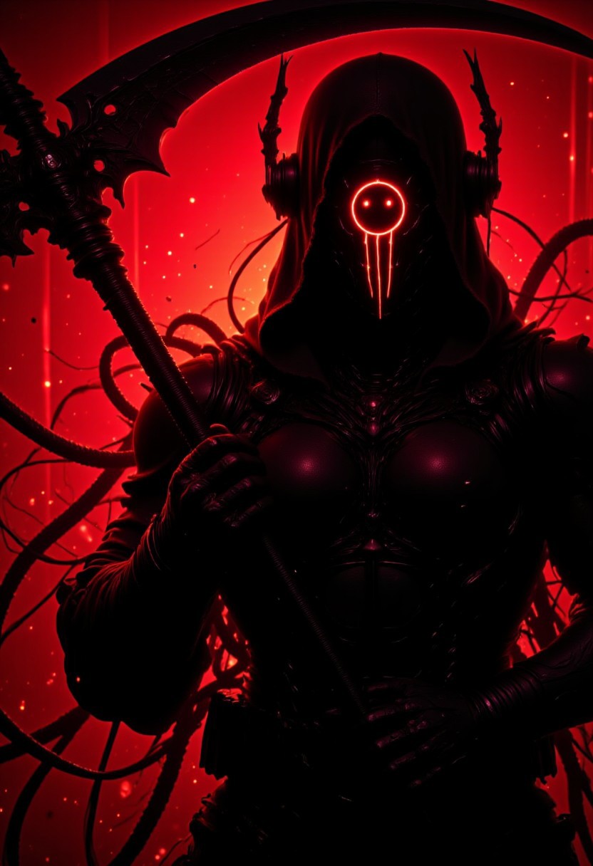 a cyber information scout wielding a massive wired scythe, dressed in dark mechanical armor, equipped with advanced visual devices that cover the face with a glowing display - an ascii art smiley face is visible on the screen. The bleaked red and black background accentuates the silhouette of the scout, with detailed gear and wires extending from the armor, blending seamlessly with the surrounding. The overall style exudes a futuristic and tech-driven atmosphere. dark-mood-mod