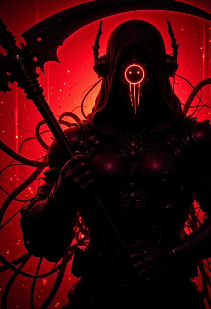 a cyber information scout wielding a massive wired scythe, dressed in dark mechanical armor, equipped with advanced visual devices that cover the face with a glowing display - an ascii art smiley face is visible on the screen. The bleaked red and black background accentuates the silhouette of the scout, with detailed gear and wires extending from the armor, blending seamlessly with the surrounding. The overall style exudes a futuristic and tech-driven atmosphere. dark-mood-mod