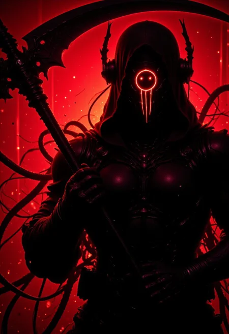 a cyber information scout wielding a massive wired scythe, dressed in dark mechanical armor, equipped with advanced visual devices that cover the face with a glowing display - an ascii art smiley face is visible on the screen. The bleaked red and black background accentuates the silhouette of the scout, with detailed gear and wires extending from the armor, blending seamlessly with the surrounding. The overall style exudes a futuristic and tech-driven atmosphere. dark-mood-mod