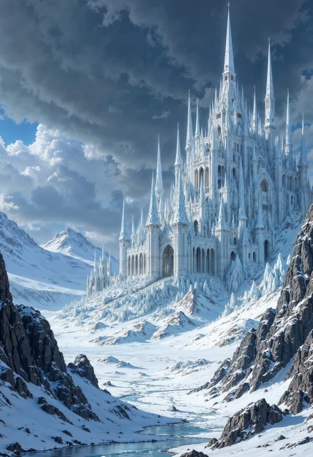 a vast, icy landscape dominated by a grand, frozen castle. The style is highly detailed and realistic, with a focus on the intricate textures of ice and snow. The castle, positioned on the right side, features numerous spires and towers, all covered in thick layers of ice, giving it a majestic yet foreboding appearance. The foreground shows rugged, snow-covered terrain with jagged ice formations leading towards the castle. The sky is overcast with heavy clouds, casting a cold, bluish hue over the entire scene, enhancing the wintry atmosphere. There are no people or text present in the image, allowing the viewer to focus entirely on the dramatic and desolate frozen landscape.