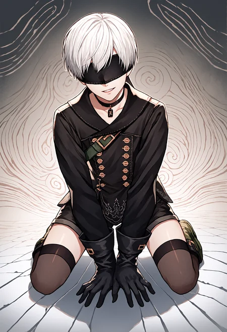 score_9, score_7_up, source_anime, uncensored, cowboy shot, head tilt, atmospheric perspective, spiral background, (wound:1.2), all fours, :p, eromanga,
<lora:NierAutomata_9S_v1.0:1> 9S, 9s (nier:automata), 1boy, blindfold, gloves, choker, shorts, black gloves, white hair, boots, black blindfold, black choker, short hair, kneehighs, long sleeves, parted lips, smile, black jacket, double-breasted, jacket, buttons