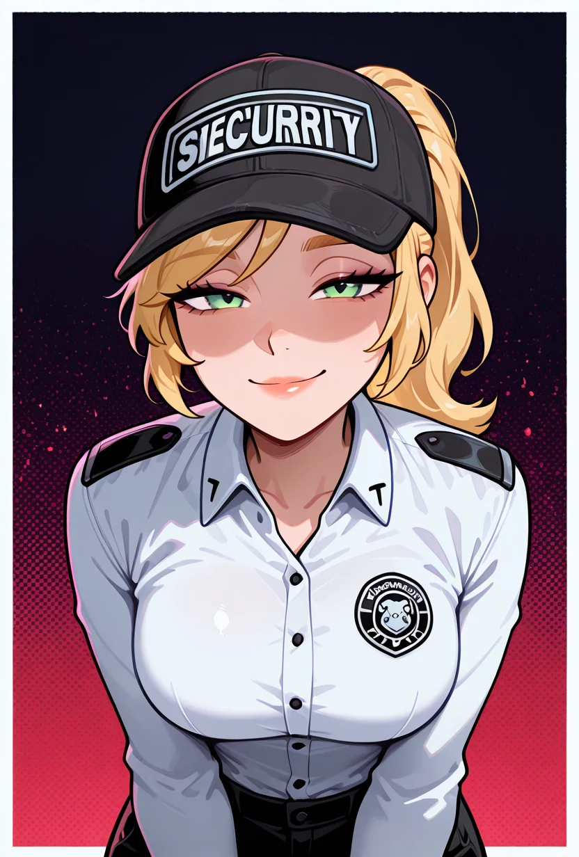 , <lora:vanessafnaf-09:1> vanessafnaf, 1girl, blonde hair, black baseball cap, solo, white shirt, ponytail, uniform, long hair, collared shirt, black pants, green eyes, long sleeves, lips, looking at viewer, smile, half closed eyes, masterpiece, best quality, amazing quality, very aesthetic, absurdres, newest,, upper body, halftone effect, white borders, abstract background:1.2,
