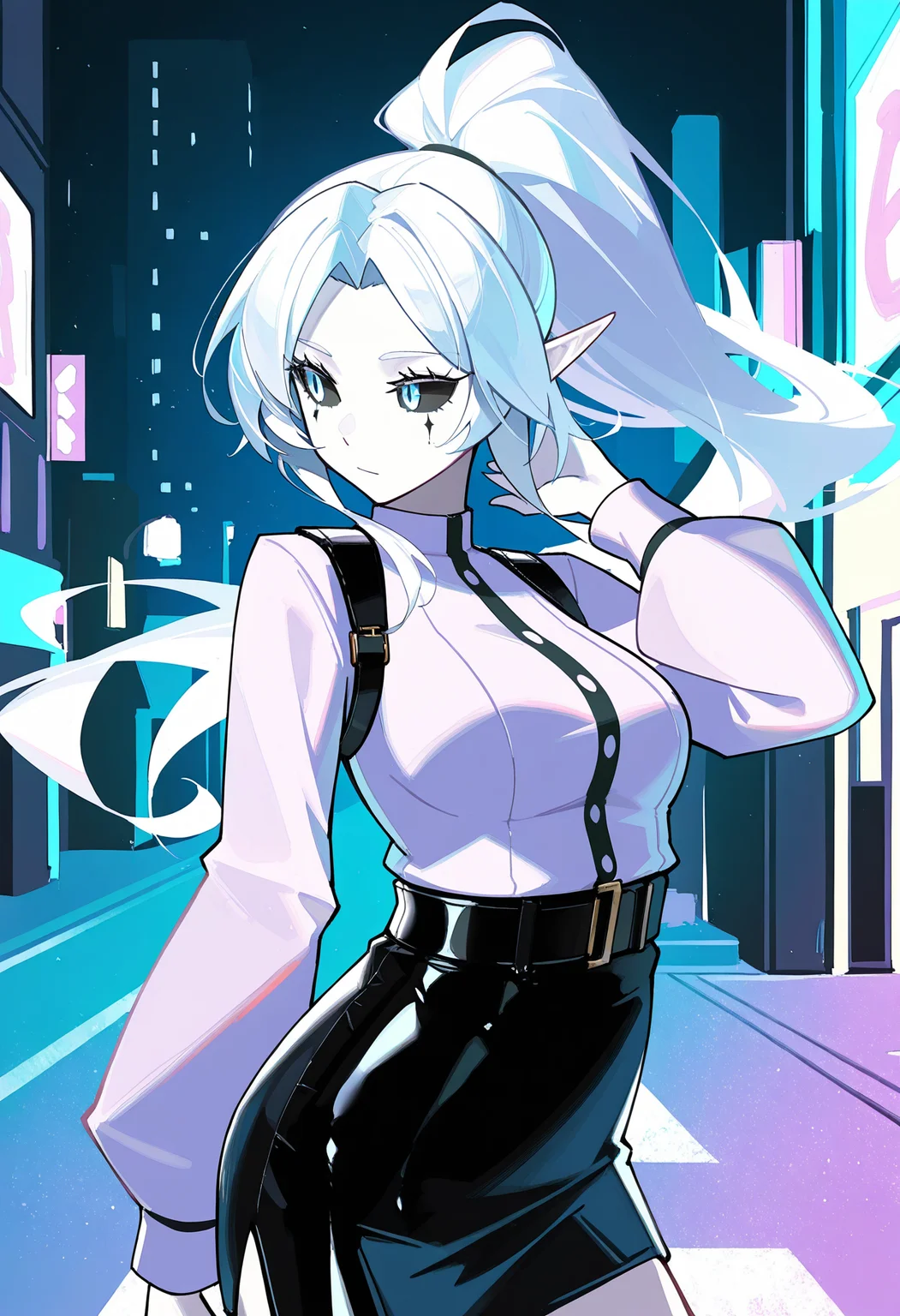 solo,
1girl, pale skin, white hair, long bang ponytail, floating hair, pointed ears, blue eyes, black sclera, medium breasts, long eyelashes,
sleeves satin top, leather skirt,
Cinematic Lighting, prismatic colors, light on face,
(street at night),
<lora:BurnCheese2333(eyyy)I-style:1>,burncheese2333, pastel colors,