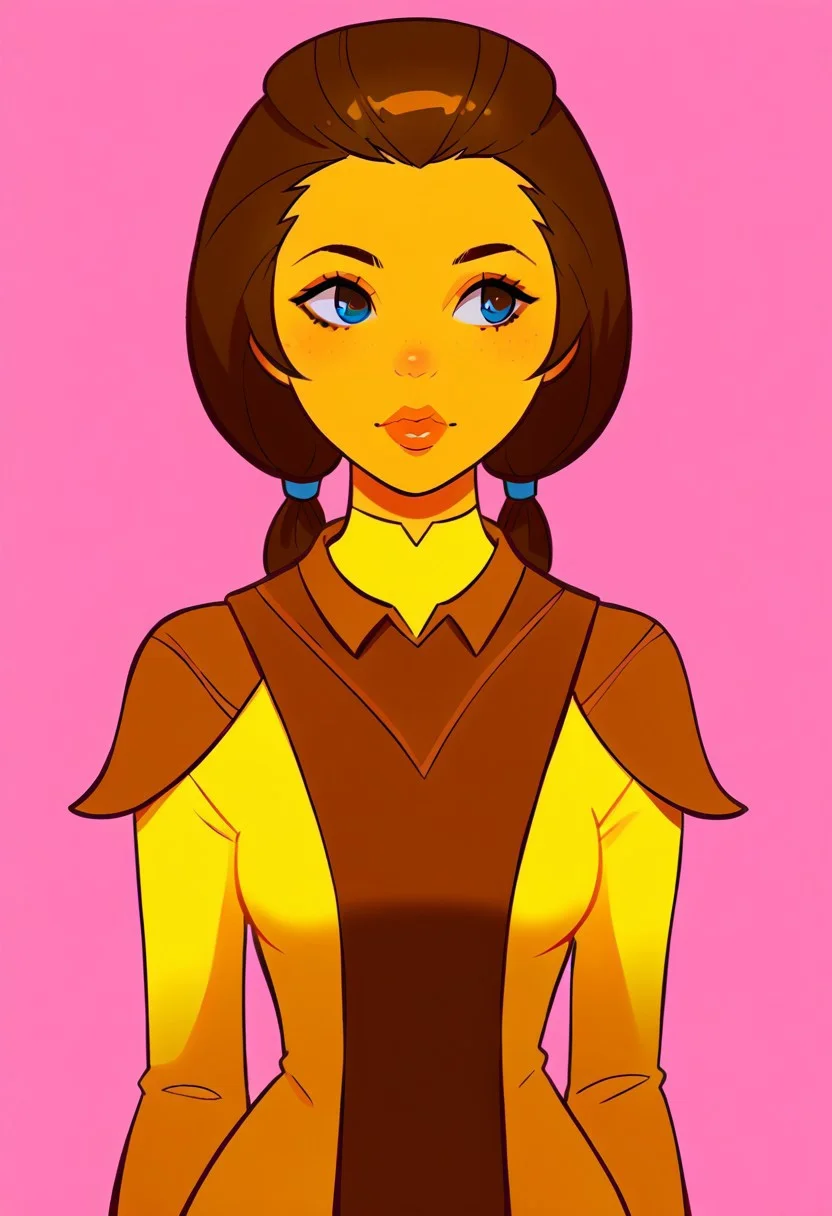 score_9, score_8_up, score_7_up, score_6_up, 1girl, curvy, <lora:1ly4XLP:1> 1ly4, pink background, ((face focus:0.9)), ((upper body focus:0.9)), ((full body:0.9)), bastilashan, ((low pigtails:1.9)), ((high hairbun:0.9)), brown hair, lips, blue eyes, freckles, eyeliner, jedisuit, ((yellow bodysuit:1.9)), ((brown tabard:1.9)), vambraces, ((brown shoulder pads:1.9)), loosen collar, boots, hourglass figure, <lora:bastilashan:1.9>, ((brown arm sleeves:0.9))