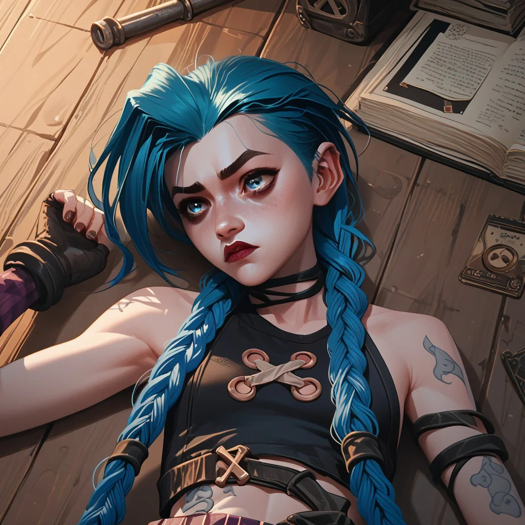 score_9, score_8_up, score_7_up, score_6_up, score_5_up, score_4_up, 1girl, JinxPowder, very long double braids, laying on the floor,