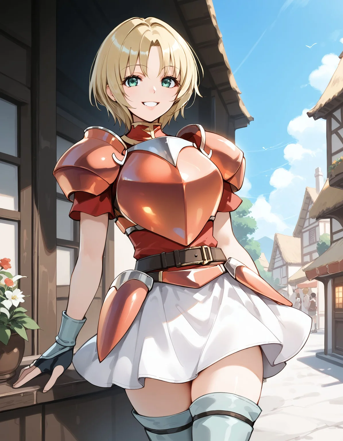 score_9, score_8_up, score_7_up, score_6_up, BREAK source_anime, best quality, masterpiece,
1girl,<lora:amelia fessPonyXL:0.8>,amelia fess,fingerless gloves,shoulder armor,breastplate,red shirt,belt,hip armor,skirt,thigh boots,cowboy shot,standing,smile,looking at viewer,village
