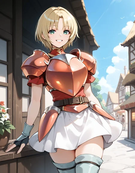 score_9, score_8_up, score_7_up, score_6_up, BREAK source_anime, best quality, masterpiece,
1girl,<lora:amelia fessPonyXL:0.8>,amelia fess,fingerless gloves,shoulder armor,breastplate,red shirt,belt,hip armor,skirt,thigh boots,cowboy shot,standing,smile,looking at viewer,village