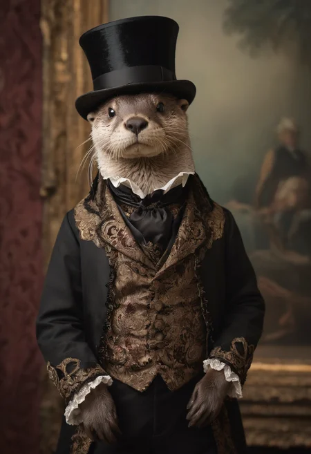 A charming otter poses in an elaborate Victorian outfit, exuding regality and whimsy. Otter with whiskers, ornate Victorian suit, velvet textures, lace cravat, top hat, detailed waistcoat, ruffled sleeves, regal posture, soft focus background, warm lighting, muted colors, intricate embroidery, whimsical expression, studio portrait style, reminiscent of Annie Leibovitz's fantastical portraits, period costume details, sophisticated yet playful, rich textures, timeless elegance.