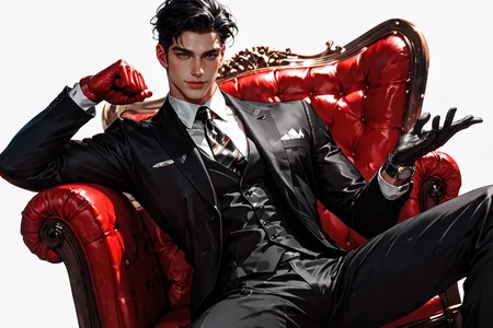 score_9, score_8_up, score_7_up, masterpiece, realistic skin, white palette, black palette, rich theme, (male focus), cowboy shot, unique angle, front view, (2boys), adult, sitting in a two luxurious red chairs, masculine, (muscule:0.3), diferent hair, black hair, straight hair, diferent eyes, mouth slightly open, happy, seriously, black suit, tie, armwatch, gloves, handshake, dynamic pose, looking at viewer, (simple background), white background, highres textures