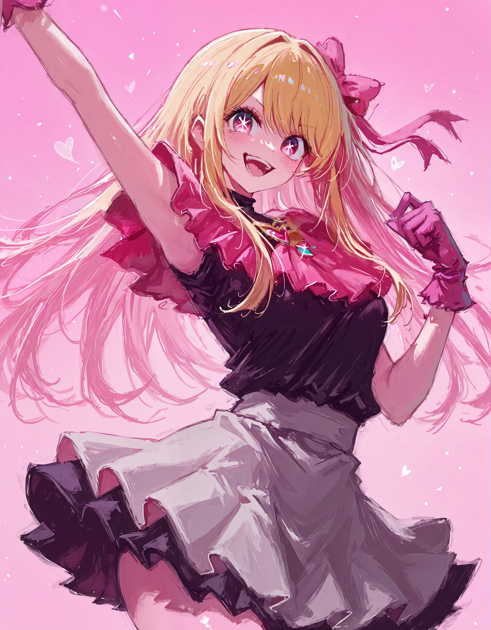 masterpiece,  best quality, newest, highres, absurdres,  <lora:fuyumur4s4ki_style:1>,fuyumur4s4ki_illu, oshi no ko,  1girl, solo, smile, long hair, blonde hair, open mouth, pink eyes, gloves, bow, skirt, hair bow, arm up, pink background, looking at viewer