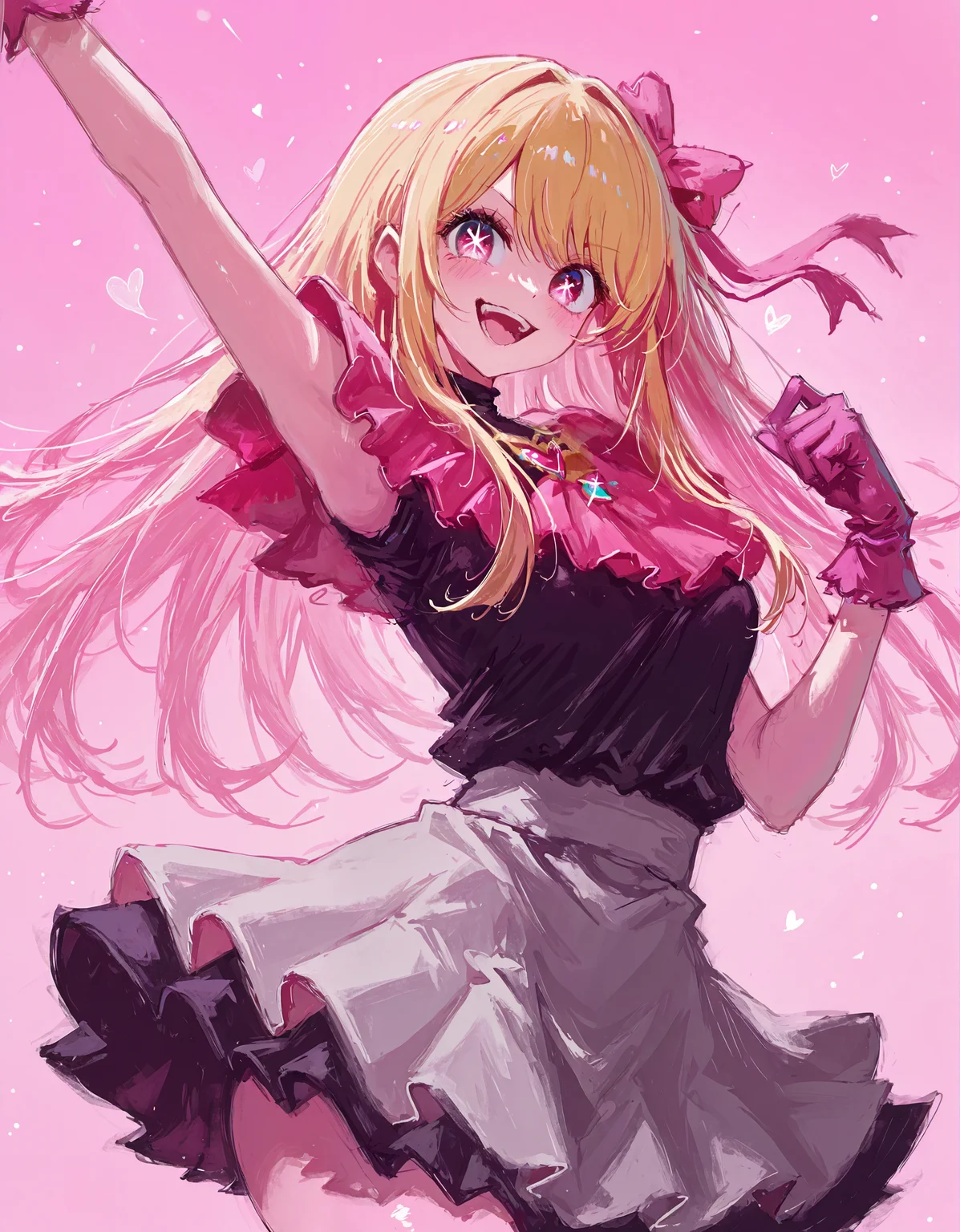 masterpiece, best quality, newest, highres, absurdres, <lora:fuyumur4s4ki_style:1>,fuyumur4s4ki_illu, oshi no ko, 1girl, solo, smile, long hair, blonde hair, open mouth, pink eyes, gloves, bow, skirt, hair bow, arm up, pink background, looking at viewer