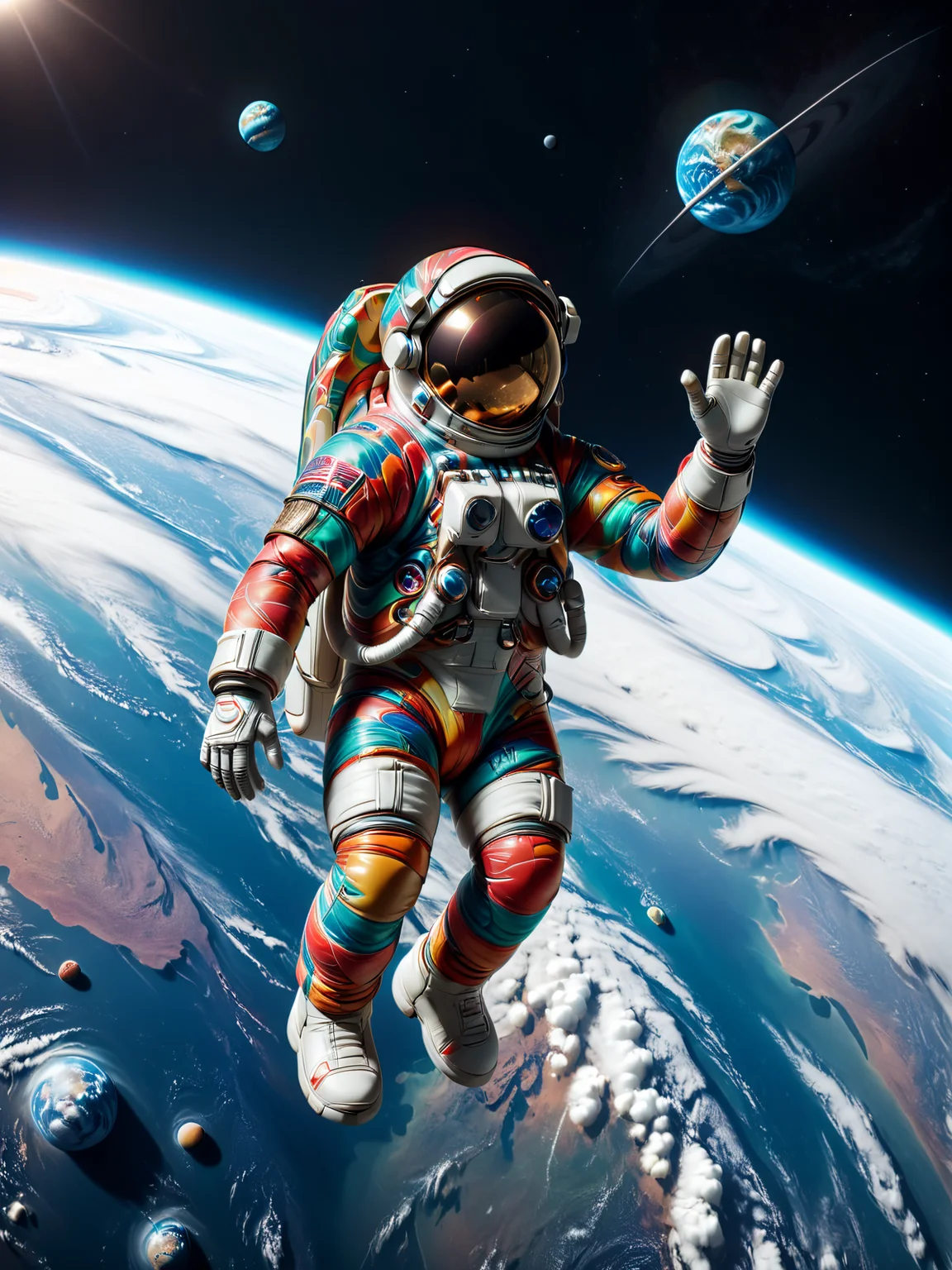 colorful mad-marbled-paper astronaut floating in orbit of earth, cinematic shot, detailed illustration, cinematic shot <lora:Colorful_Marbled_Paper_SDXL_v2:1.2>, masterpiece, best quality, ultra high res, (photorealistic, realistic:1.2), deep shadow, raw photo, film grain, Fujifilm XT3, 8k uhd, dslr