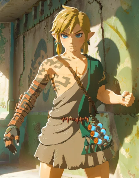 anime artwork cartoon of 1boy like totklink wearing zonai dress,tattoo, single bare shoulder, short blond hair, fighting pose ,solo,indoors,leaning on wall,
detailed background, sunny day, highly detailed, volumetric, dramatic lighting . anime style, key visual, vibrant, studio anime, highly detailed <lora:xl_totkl:0.85> single bare shoulder, tattoo