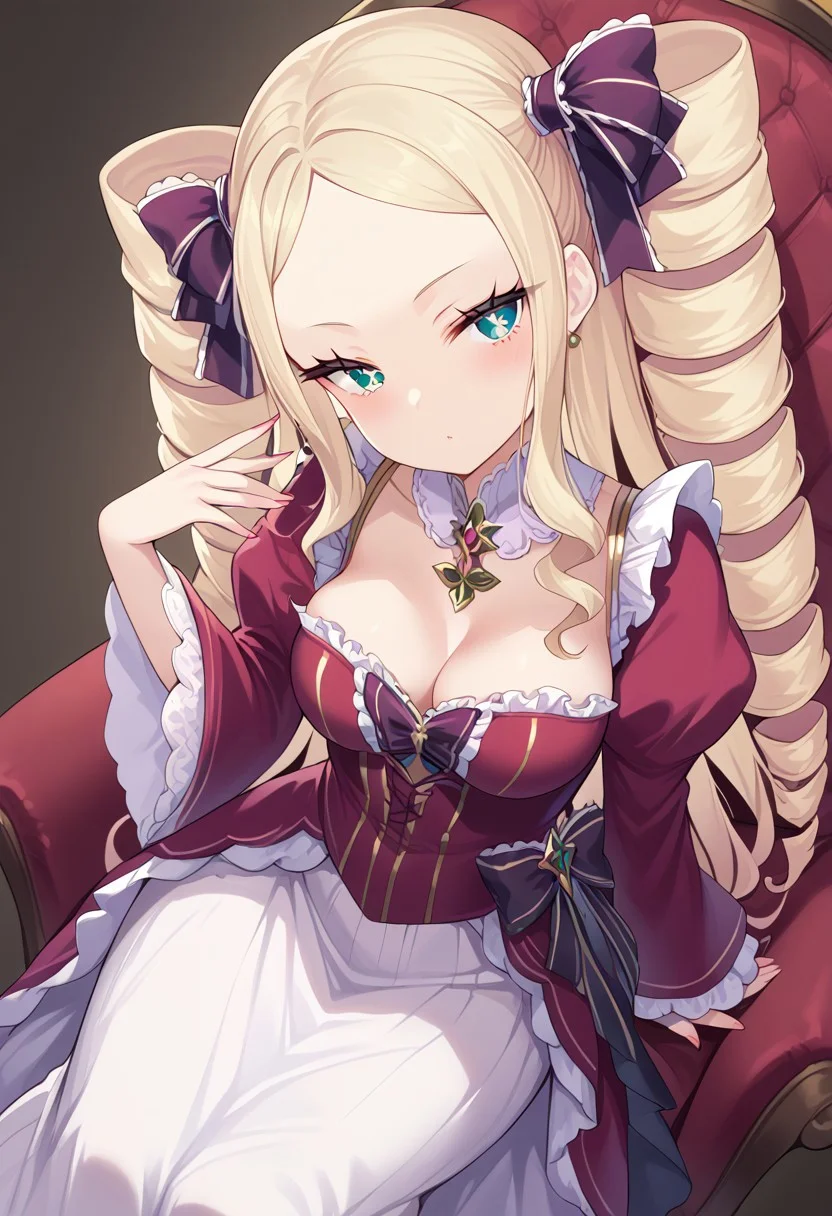 score_9, score_8_up, score_7_up, VMS, solo, source_cartoon, beautiful Beatrice, Long hair, twin drill hair, side locks, Symbol shaped pupils, sitting in a chair, beautiful dress, long dress, medium breasts, face focus, face view, close view, looking at the viewer