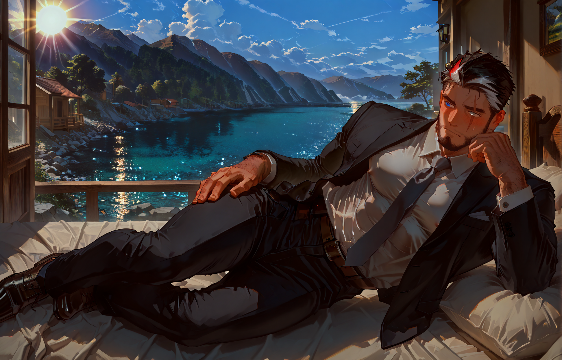 <lora:Hand On Hip lying on elbow - IL:.7> ((hand on hip, hand on own hip, hand on own thigh,  lying, lying on side, on side, head rest on elbow, arm support,))
scar on right eyes, heterochromia, left blue eye, right grey eye, blue eye, grey eye, (business suit, tie, black jacket, white shirt, pants, belt, shoes), 
wooden house, bed, daylight, tree, island, lake, mountain, street, cloud, sun, day, blue sky, very bright, backlight, backlighting, window, indoor, bed, on the bed, romantic day <lora:DNF_Monk_r1:.9> dnfmonk, muscular male, beard, multicolored hair, scar on face, (very short hair), male focus, muscular male, large pectorals, perfect abs, puffy nipples, muscular male, bara, mature, (hairy body, hairy, body hair, arm hair, leg hair, hairy body, glossy skin, bara, mature, facial hair, beard, full beard, sideburn, mustache, stubble), facial hair, bara, mature, body hair, aixiwuganda_(20222192), very awa, masterpiece, best quality, absurdres, newest, perfect quality, detailed background, intricate details,<lora:slider_Body Type_alpha1.0_rank4_noxattn_last:2><lora:Anime Summer Days 2 Style SDXL_LoRA_Pony Diffusion V6 XL:.6><lora:merged:.7>, DARK, DARK BACKGROUND, LOW-KEY LIGHTING <lora:slider_cfg_scale_boost:.7><lora:Artist6p:.55>, Artist6p, Artist04p,<lora:slider_il_brightness_slider_d1:-1><lora:slider_il_contrast_slider_d1:-.25>,<lora:slider_contract_controller_illus01_v1:.3>, <lora:addon_illustriousXLv01_stabilizer_v1.121:.5>,<lora:slider_DarkSlider1.2_alpha1.0_rank16_full_300steps:0><lora:style_Heavenly_Beauty_r1:1>, (heavenlybeauty,)