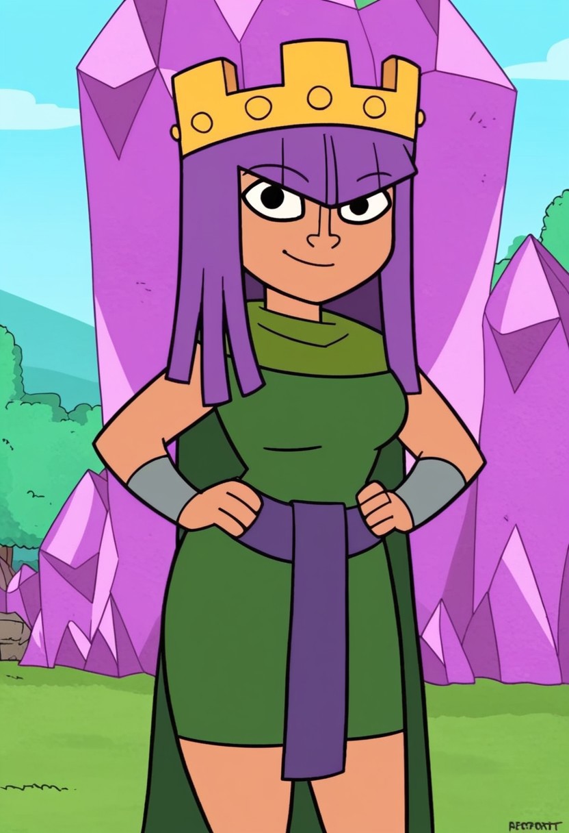 score_9, score_8_up, score_7_up, 1girl, solo, 4rcher que3n, crown, purple hair, cape, green dress, purple sash, cowboy shot, outdoors, looking at viewer, smile, hands on hips