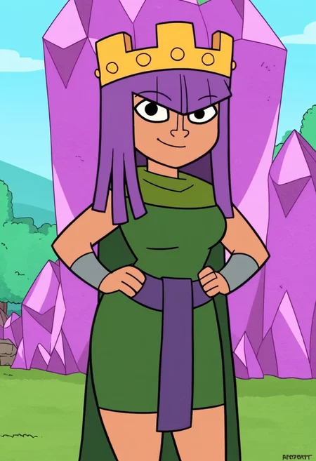 score_9, score_8_up, score_7_up, 1girl, solo, 4rcher que3n, crown, purple hair, cape, green dress, purple sash, cowboy shot, outdoors, looking at viewer, smile, hands on hips
