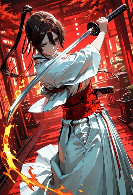 masterpiece, sharp detail, intricate detail, 1girl, (Yamada Asaemon Sagiri), detailed eyes, sag1ri, long hair, brown hair, hair between eyes, sidelocks, high ponytail, hair ribbon, red ribbon, brown eyes, 
japanese clothes, white kimono, red sash, obi, wide sleeves, white hakama, hakama skirt, 
holding katana, red katana, katana on fire, dynamic fight pose, Japanese city background, perfect katana, 
perfect face,
red theme, BREAK (dramatic angle, dynamic angle), high-key lighting, light rays, hard lighting, light and shadow contrast, high contrast, mysterious, eerie, BREAK chiaroscuro, volumetric lighting, dappled light, dramatic shadows, cinematic lighting, detailed background, <lora:V2_yakumo_alchemy:0.6> glowing light particles, light particles,<lora:illustriousXL_stabilizer_v1.72:0.3> <lora:r-hrtdrp:0.3>