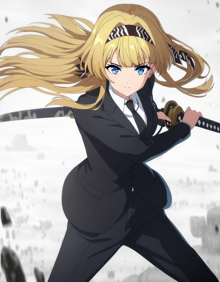 masterpiece, best quality, newest, absurdres, highres, safe,, <lora:lihanna-owenzaus-s1-ponyxl-lora-nochekaiser:1>, lihanna owenzaus, long hair, bangs, blue eyes, blonde hair, hairband, black ribbon, hair intakes, black hairband, medium breasts, anime screencap, <lora:battoujutsu-stance-illustriousxl-lora-nochekaiser:1>, battoujutsu stance, looking at viewer, holding, weapon, sword, holding weapon, holding sword, standing, katana, sheath, sheathed, fighting stance, ready to draw, shirt, long sleeves, jacket, white shirt, necktie, collared shirt, pants, black jacket, floating hair, black pants, formal, suit, black necktie, black suit, pant suit,, ,