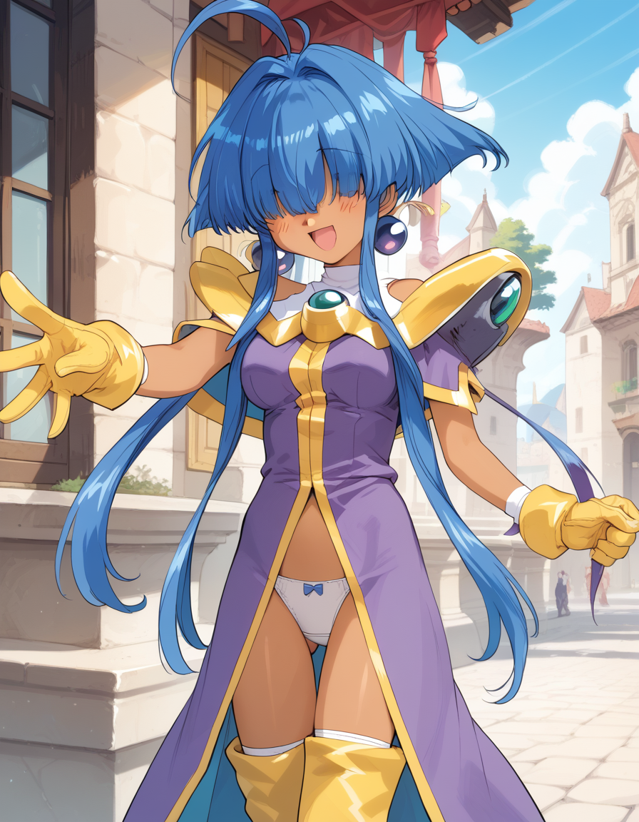 cacao, long_bangs, hair over eyes, long hair, short hair with long locks, blue hair, sidelocks, dark-skinned female, ahoge, dark skin, thigh gap, medium breasts
earrings, jewelry, underwear, purple_dress, dress, white panties, yellow gloves, boots
1990s (style), retro artstyle,
<lora:cacao_lambda_pony_v1:1>
standing, dynamic pose ,
open mouth, blush,light smile
looking at viewer,(cowboy shot:1.3),
outdoors,, masterpiece, best quality, score_9, score_8_up, score_7_up, best quapoty, highres, absurdres, source_anime, zPDXL2, 1girl,