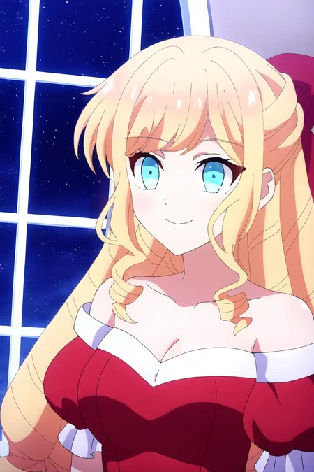 <lora:ClaireFrancois:0.8>, Claire Francois, 1girl, solo, blonde hair, long hair, drill hair, blue eyes, hair bow, sidelocks, red bow, dress, night, breasts, cleavage, red dress, sky, night sky, window, star \(sky\), bare shoulders, upper body, off shoulder, gown, off-shoulder dress, smile