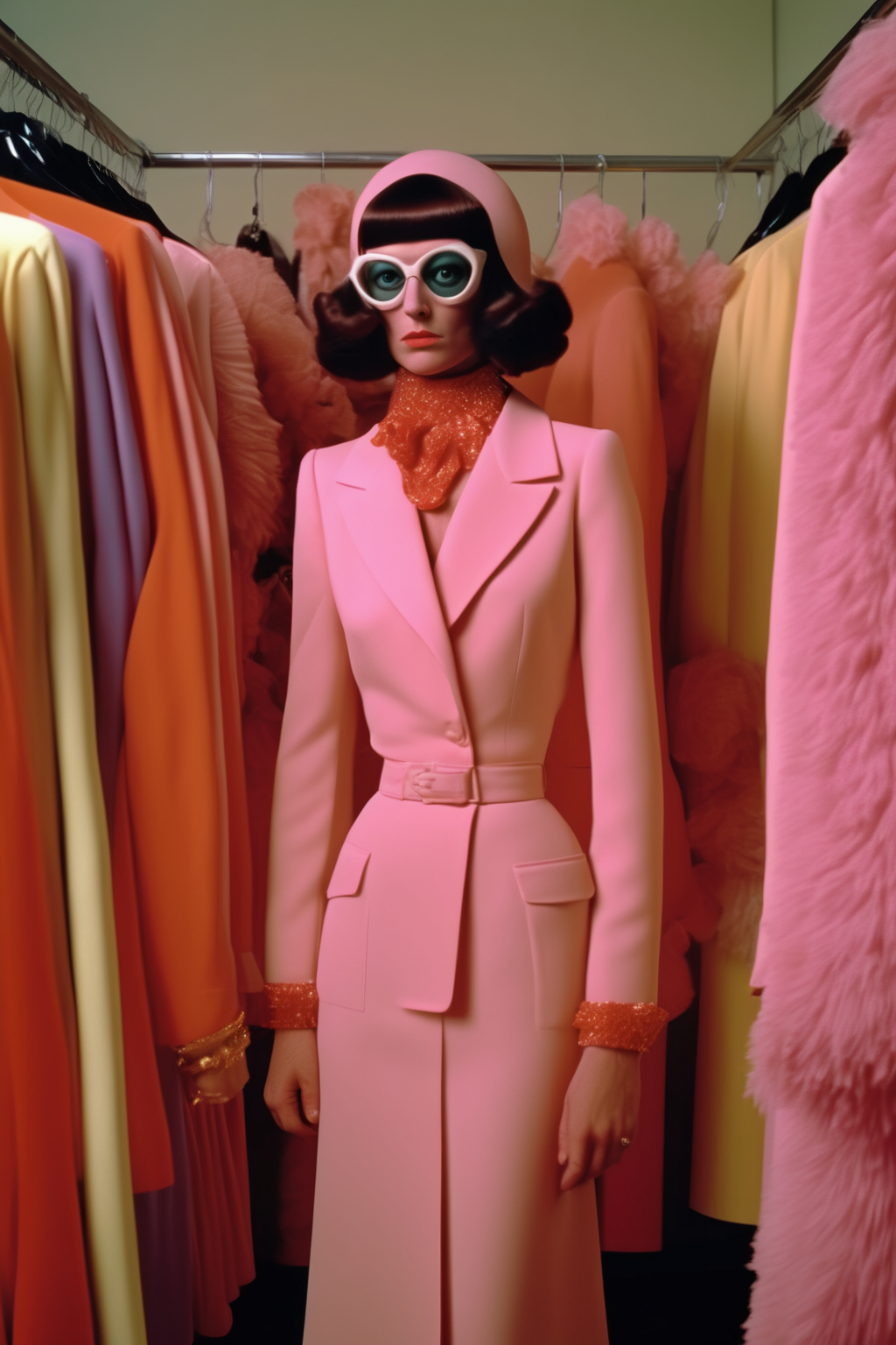 <lora:Director Nicolas Winding Refn style:1>Director Nicolas Winding Refn style - a Cinematic still form  (1981) featuring:  (Director) insists on finding the most extraordinary polyester garments, emphasizing their importance for his upcoming cinematic endeavor. He demands garments that are audacious, bold, and utterly outrageous, embodying the essence of kitsch and eccentricity. Francine, intriguedthe exchange, approaches the scene, captivated ' distinctive style and demeanor. She engages in conversation, recognizing him as the director whose films have inspired her. delighted to be recognized, reveals his passion for polyester and its symbolic value as a rebellious fabric that defies fashion norms. He explains how it has become his chosen medium for artistic expression, celebrating individuality and the unconventional. Francine shares her admiration for ' films and expresses her own affinity for polyester, recognizing its ability to empower individuals to embrace their authentic selves without fear of judgment. They bond over their shared love for all things eccentric and unconventional. With newfound camaraderie,  and  embark on a playful quest to find Francine the most divine polyester creation in the boutique. Their lively banter and shared enthusiasm fill the boutique with an infectious energy, uniting the worlds of fashion and cinema. The scene encapsulates ' unique vision and pays homage to his contribution to the celebration of individuality and the embrace of kitsch. It showcases the convergence of fashion and film, with  and  serving as vibrant beacons of creative expression.