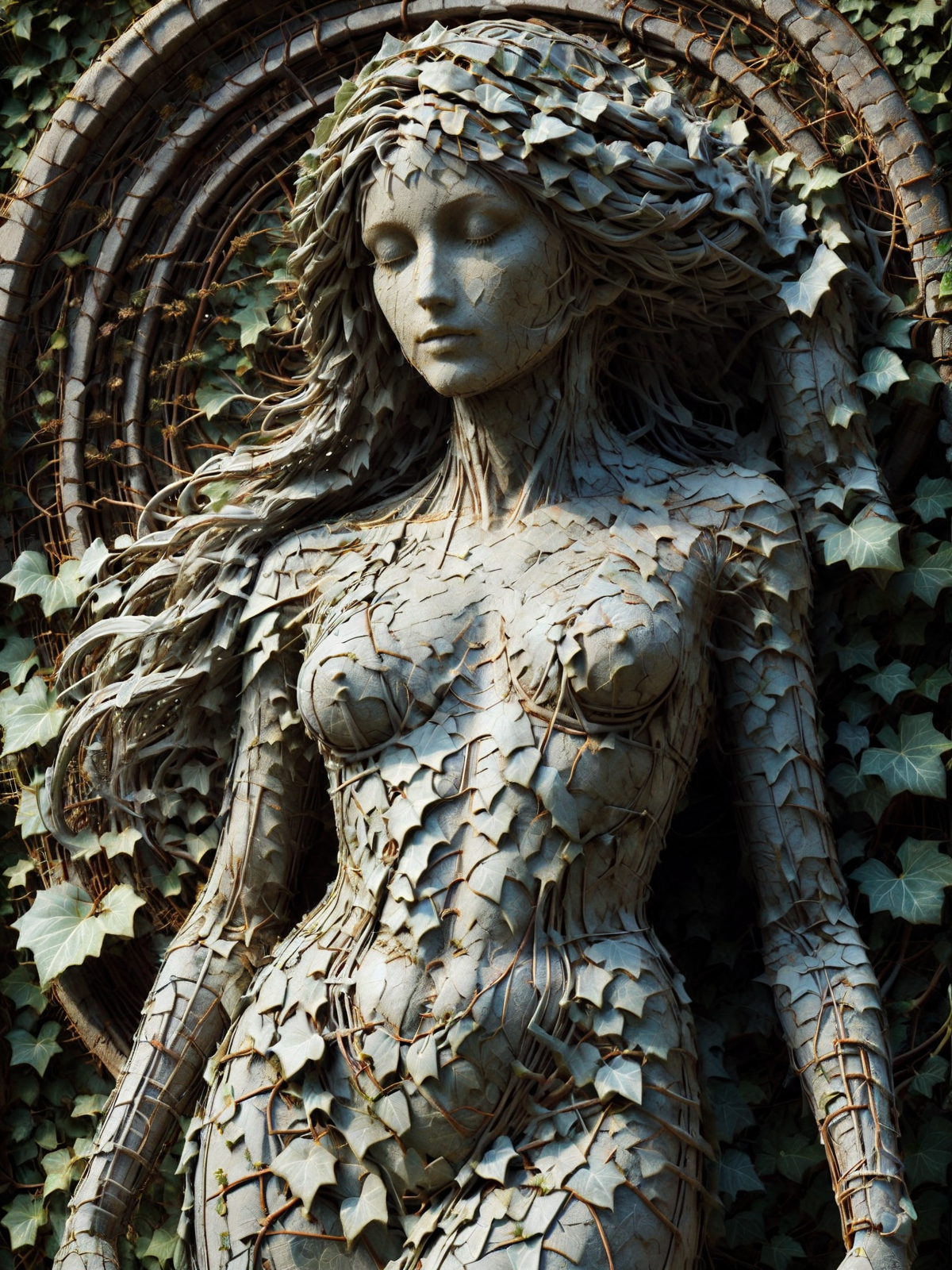 statue of a woman made of mad-rnfcnct covered in mad-efeu, in the style of alphonse mucha  <lora:Derilict_Concret_SDXL:1.0>  <lora:Ivy_SDXL:0.8>, (masterpiece:1.2), best quality, (hyperdetailed, highest detailed:1.2), high resolution textures