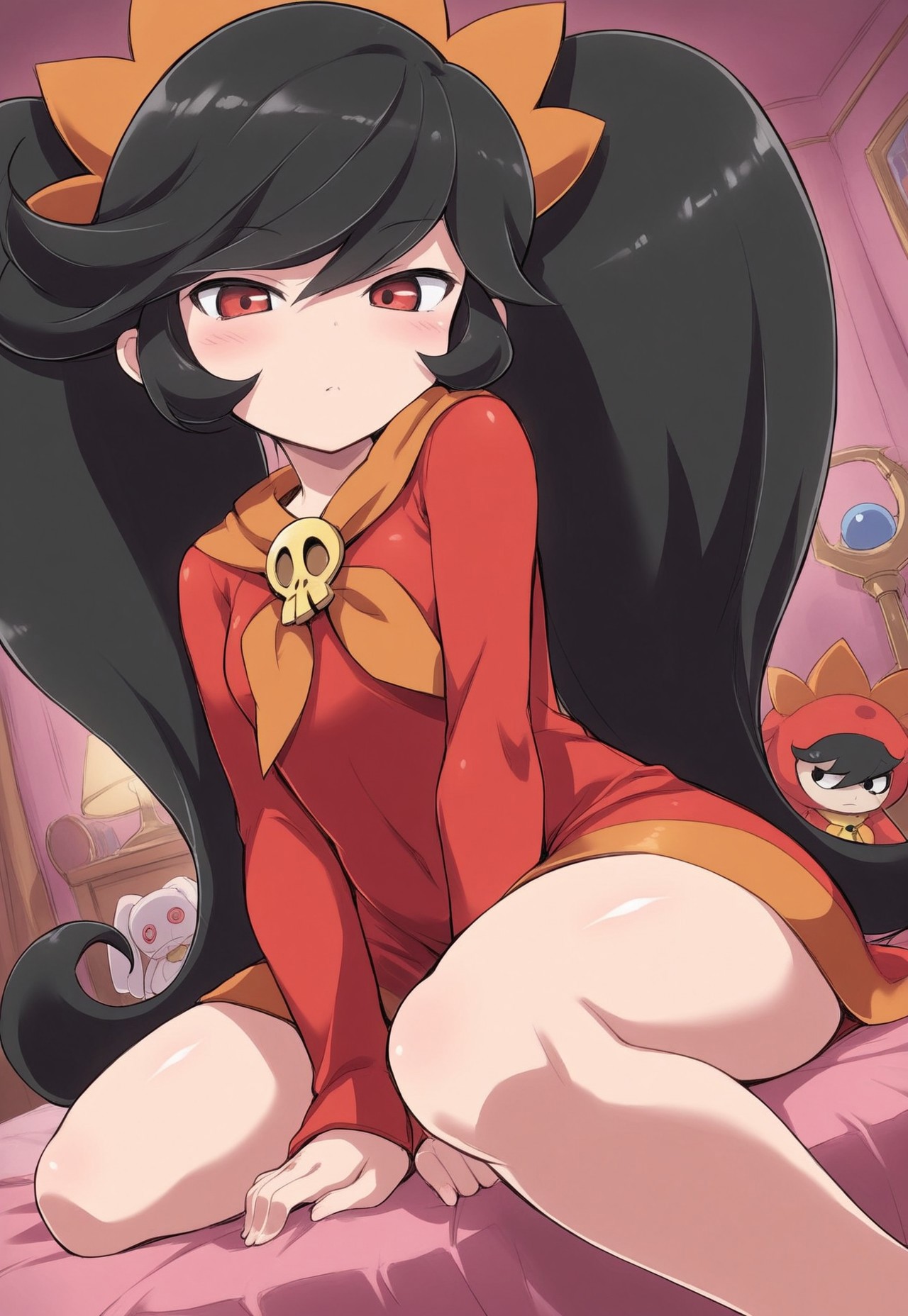 safe_pos, score_9_up, score_8_up, score_7_up,<lora:add-detail-xl:-1>, ultra detailed, masterpiece, beautiful face, beautiful eyes, amazing quality, aesthetic, absurdres, perfect, perfection, beautiful face, 4k quality, warioware,
best quality, cinematic angle, masterpiece, athletic sexy body, young, (18 yo), ashley, black hair, twintails, 1 girl, red dress, cute pose, stuffed toy, gloomy, bedroom, goth bedroom, (creative pose:1.5)