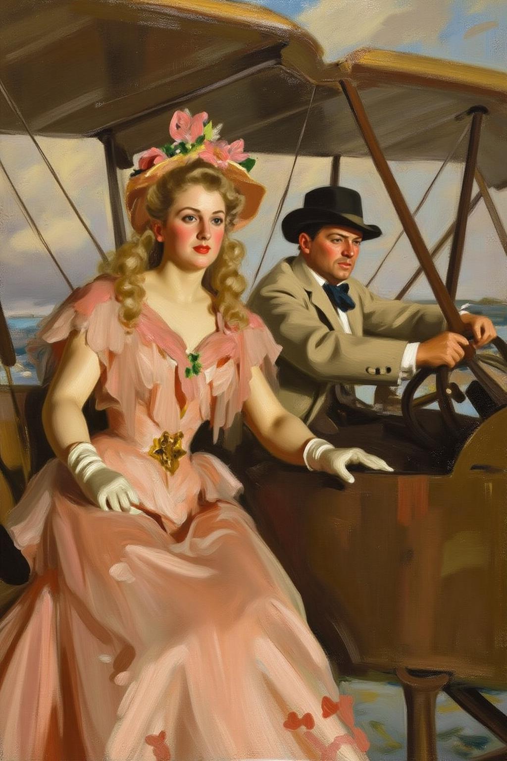 anderszorn1 painting.
A romantic scene of a couple on a vintage biplane. The woman, in the foreground, is a stylish woman with curly blonde hair adorned with a flower garland and wearing a light, flowing, peach-colored dress with a wide belt, a matching hat, and gloves. The man is piloting the biplane with his hands firmly on the steering wheel. <lora:anderszorn2_cap_d6a3:1.0><lora:836653831338087783:0>
