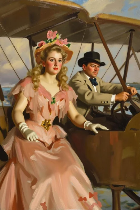 anderszorn1 painting.
A romantic scene of a couple on a vintage biplane. The woman, in the foreground, is a stylish woman with curly blonde hair adorned with a flower garland and wearing a light, flowing, peach-colored dress with a wide belt, a matching hat, and gloves. The man is piloting the biplane with his hands firmly on the steering wheel. <lora:anderszorn2_cap_d6a3:1.0><lora:836653831338087783:0>