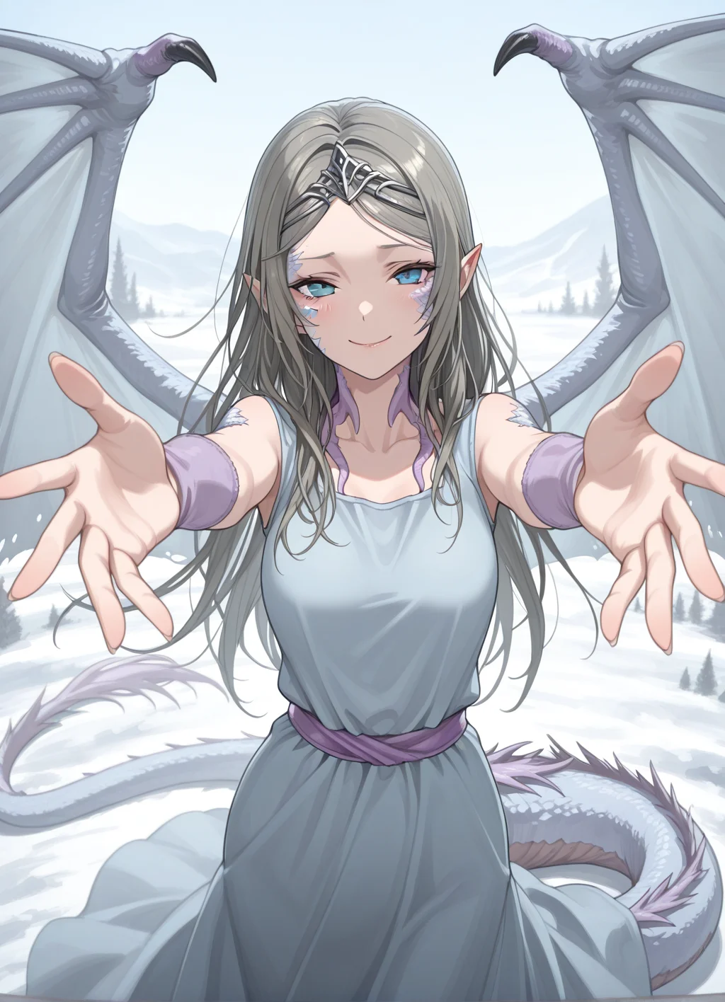 masterpiece, best quality,1girl, yorshka, long hair, blue eyes, pointy ears,tail, smile,<lora:Yorshka:1>, dress,incoming hug, dragon girl, wings,