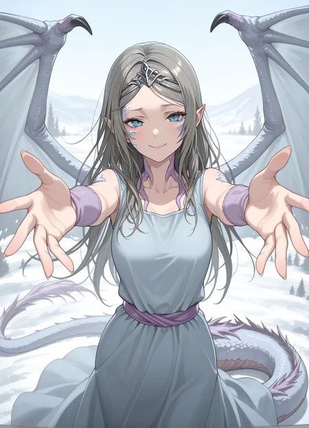 masterpiece, best quality,1girl, yorshka, long hair, blue eyes, pointy ears,tail, smile,<lora:Yorshka:1>, dress,incoming hug, dragon girl, wings,