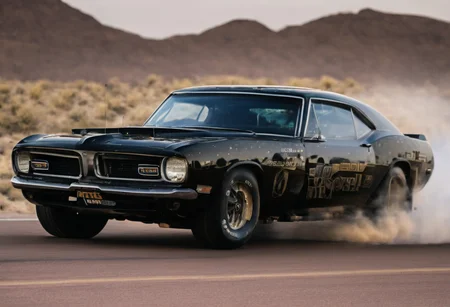 Create an ultra-detailed and realistic image of a race between 2 custom cars, created with parts from many muscle cars, with aerodynamic lines from 1972. The cars have tinted black windows. It is captured in motion with motion blur at full speed through a desert, daylight. Race between 2 cars. The photograph is captured with an Arri Alexa camera, with a zoom lens. <lora:Vintage Muscle Car SDXL:1>