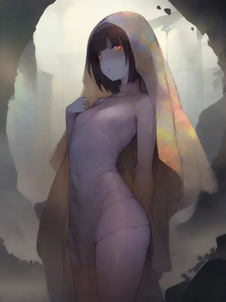 The Veiled Virgin Statue by Templesmith Ben covered in moody cellophane centered in a Giza Necropolis, 1girl, solo, colourful, score_9, score_8_up, score_7_up, masterpiece, best quality, very aesthetic