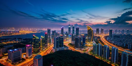 Guangzhou City,City Night View,A bustling city,Urban background,(City Night View:1.1),neon lights,moonlightfield,village,stadium,flower field,day,sun,sky,cloud,historic building