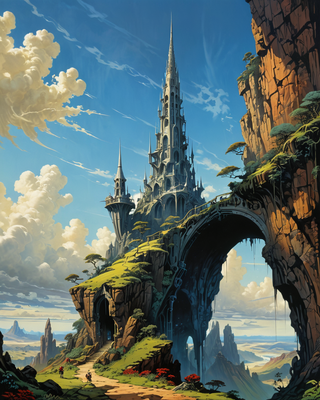 (landscape in the style of Roger Dean:1.4), (single slender towering spire with graceful curves arching up into the sky:1.9), (Rodney Matthews:1.3), closeup on a princess, high contrast, (chiaroscuro:1.5), <lora:add-detail-xl:0.75>, <lora:xl_more_art-full_v1:0.5>