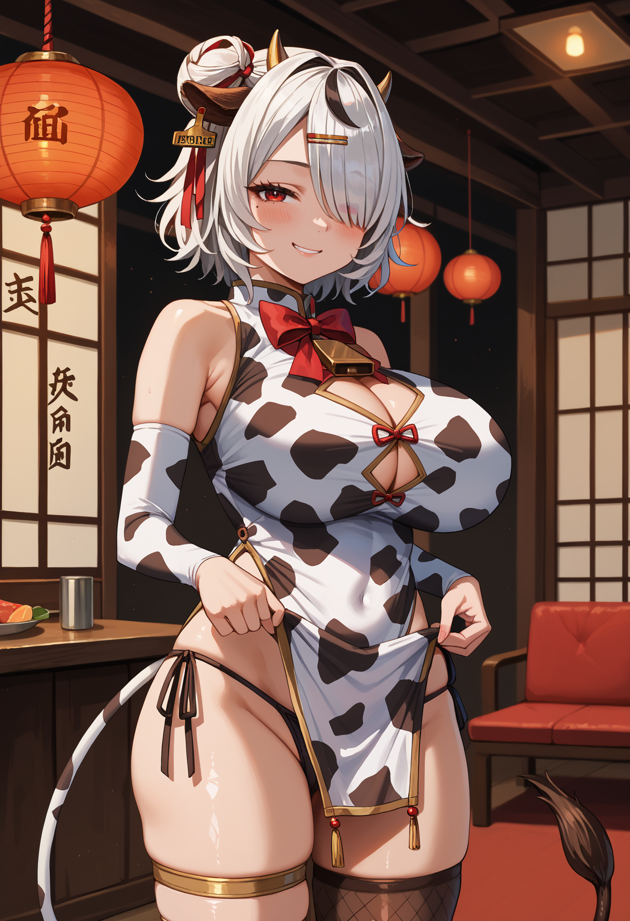 score_9,score_8_up,score_7_up,detailed,1girl,jelomrta,oiled body,huge breasts,single thighhigh,bare legs,brown thighhighs,gold thighlet,indoors,pelvic curtain lift,cameltoe,white hair,streaked hair,black hair,hair intakes,double bun,hair over one eye,short hair,hair ribbon,hairclip,red eyes,mole under eye,cow horns,cow ears,ear tag,china dress,short dress,cow print,red bowtie,neck bell,cleavage cutout,detached sleeves,pelvic curtain,side-tie panties,black panties,cow tail,looking at viewer,smug,blush,<lora:Marota-JeloXL-000007:1>,