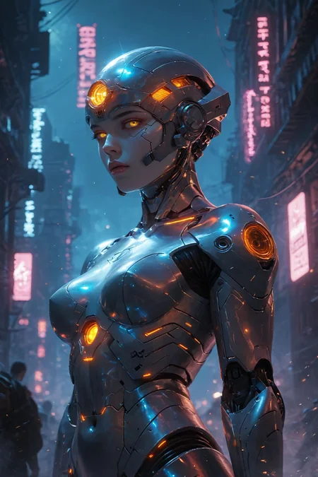 looking at viewer,detailed background,Cinematic Lighting,film grain,score_9,score_8_up,score_7_up,masterpiece,best quality,highly detailed,
<lora:(增强)sdxl_lightning_8step_lora:1>,<lora:glowneon_xl_v1:1>,glowing,<lora:Expressive_H:0.8>,Expressiveh,<lora:th3rm4lXLP:0.4>,th3rm4l,colorful,
1girl,solo,helmet,science fiction,humanoid robot,power armor,neon lights,(glowing eyes:0.5),city,upper body,night,breasts,cyberpunk,robot,shot from below,