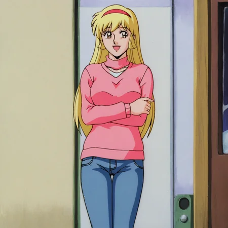 <lora:CutieHoney_pony_v1:.8> Honey, 1girl, blonde hair, retro artstyle, long hair, hairband, jewelry,  1980s (style), 1990s (style), cowboy shot, sweater, jeans