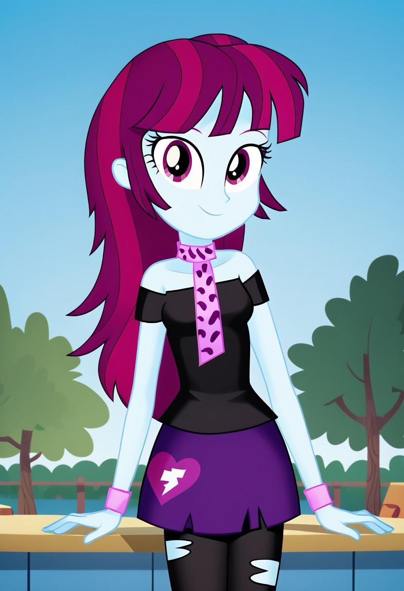 four fingers, mistery_mint, 1girl, outdoors, detailed eyebrows, black_off-shoulder_top, short_sleeves, purple_skirt, short_skirt, tattered_skirt, black_leggings, pink_choker, pink_leopard_print_choker, pink_wristband, torn_leggings, cute, solo, small breasts, gorgeous, sexy, petite body, closed mouth, posing, smiling, looking at viewer, (flat shading, soft shading), (equestria girls, show accurate:1.2)