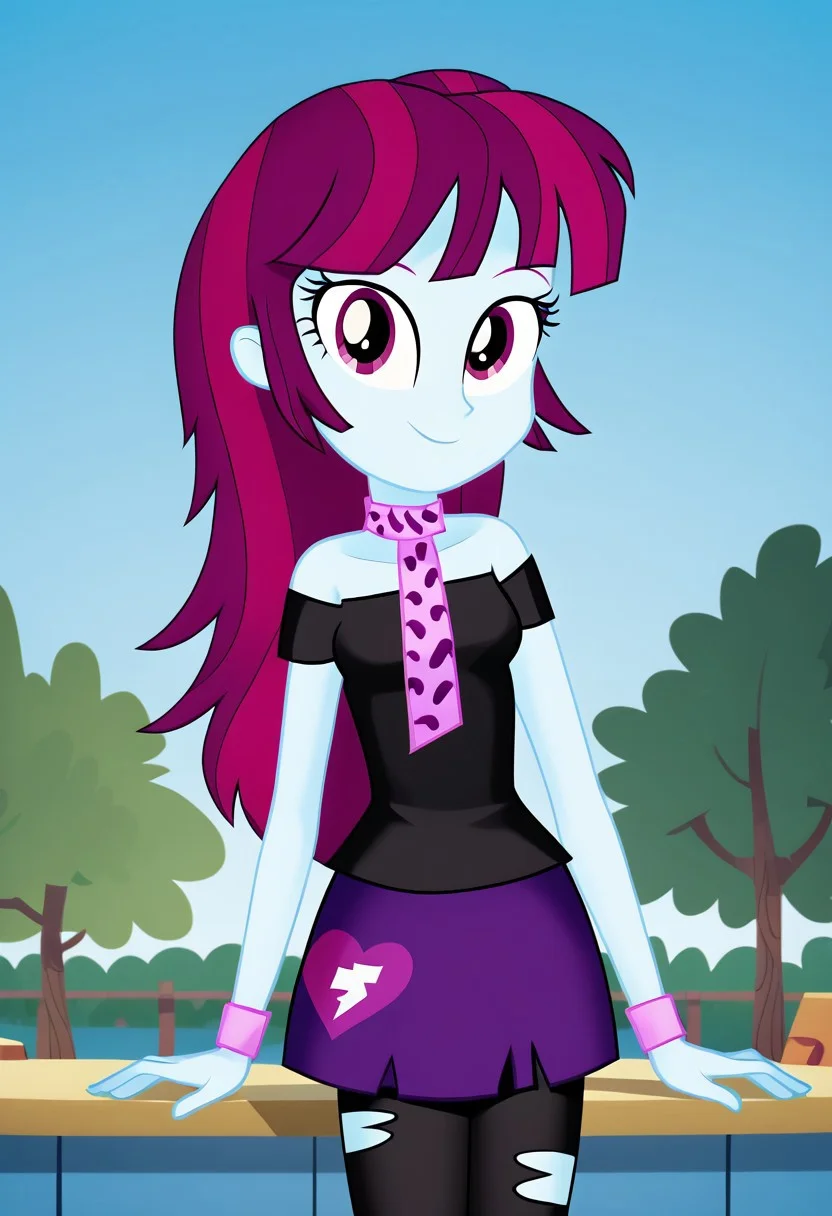 four fingers, mistery_mint, 1girl, outdoors, detailed eyebrows, black_off-shoulder_top, short_sleeves, purple_skirt, short_skirt, tattered_skirt, black_leggings, pink_choker, pink_leopard_print_choker, pink_wristband, torn_leggings, cute, solo, small breasts, gorgeous, sexy, petite body, closed mouth, posing, smiling, looking at viewer, (flat shading, soft shading), (equestria girls, show accurate:1.2)