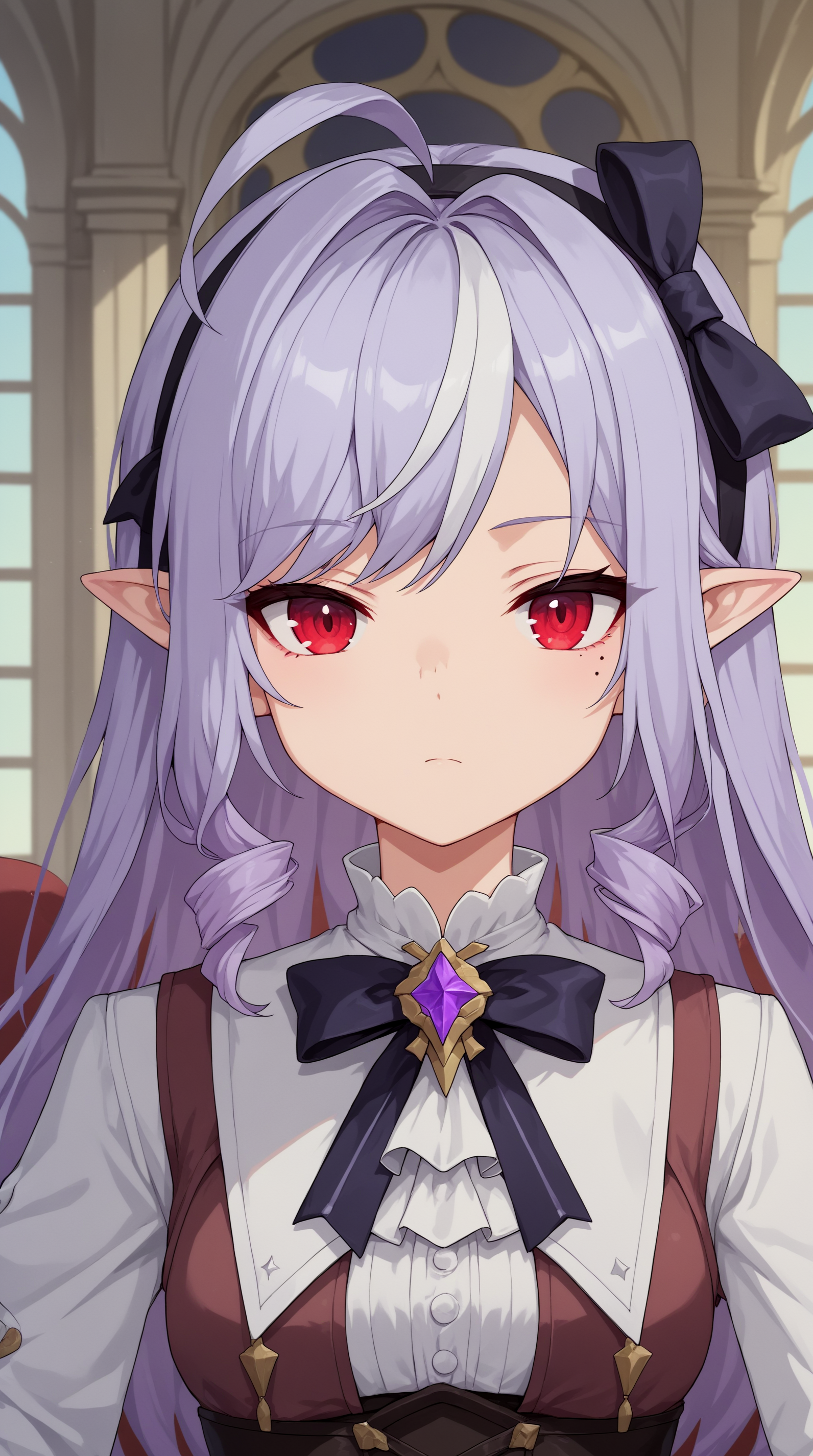 score_9, score_8_up, score_7_up,anime_source, source_anime, best background,  indoors,detailed background, anime screencap, 4k, upscale,  Vivian_ZZZ, 1girl, pointy ears, red eyes, long hair, mole under eye, looking at viewer, purple hair, bow, multicolored hair, streaked hair, ahoge, expressionless, portrait, closed mouth, upper body, hairband  <lora:Vivian_ZZZ_PONYv5:0.8>