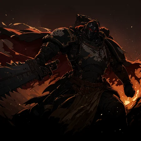 gothic architecture, background, extremely detailed, absurdres, masterpiece, cel shading,
BREAK
Anime Illustration, full body, Space Marine, raven guard  legion, portrait, charging forward, . He is holding a 40kchainsword up. He is wearing a black helmet, intricate black  armor, black  trimmings, cross detailing, tabard, torn cape, dark_red gauntlets, black fur, black  plate armor, black  full armor, panoply,
<lora:Astartes:0.8> <lora:Bad_Hands_lora:0.8> <lora:Chainsword_-_Warhammer_40000_SDXL:0.4> <lora:add-detail-xl:1> <lora:sinfully_stylish_SDKL:1> <lora:Expressive_H:1>