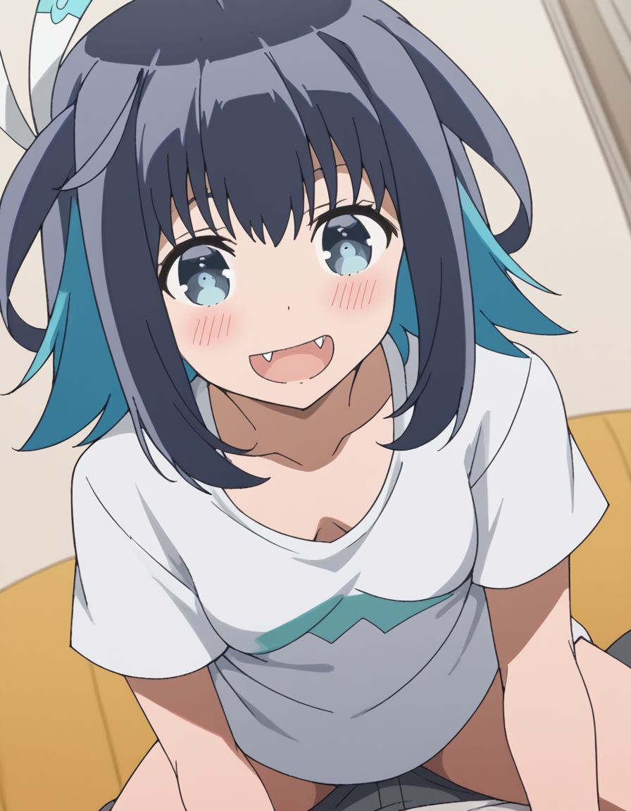 score_9, score_8_up, score_7_up, source_anime, <lora:konoha-akisato-s1-ponyxl-lora-nochekaiser:1>, konoha akisato, blue eyes, black hair, blue hair, multicolored hair, fang, two-tone hair,, <lora:downblouse-ponyxl-lora-nochekaiser:1>, downblouse, breasts apart, extended downblouse, girl on top, shirt, straddling,, bedroom, smile, blush, looking at viewer, straight-on,, , cowboy shot, dutch angle