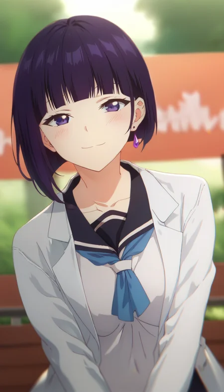 score_9,score_8_up,score_7_up,score_6_up BREAK official art,solo,outdoors,upper body,(portrait:1.5),looking at viewer,facing viewer,smile,blush,Inari Sakihira,short hair,purple hair,bob cut,jewelry,earrings,blunt bangs,purple eyes,collarbone,labcoat,school uniform,black sailor collar,blue neckerchief,long sleeves,medium breasts,miniskirt,black skirt,pleated skirt,black socks,loafers,brown footwear,<lora:Inari Sakihira(mlid)-Pony:1.6>,