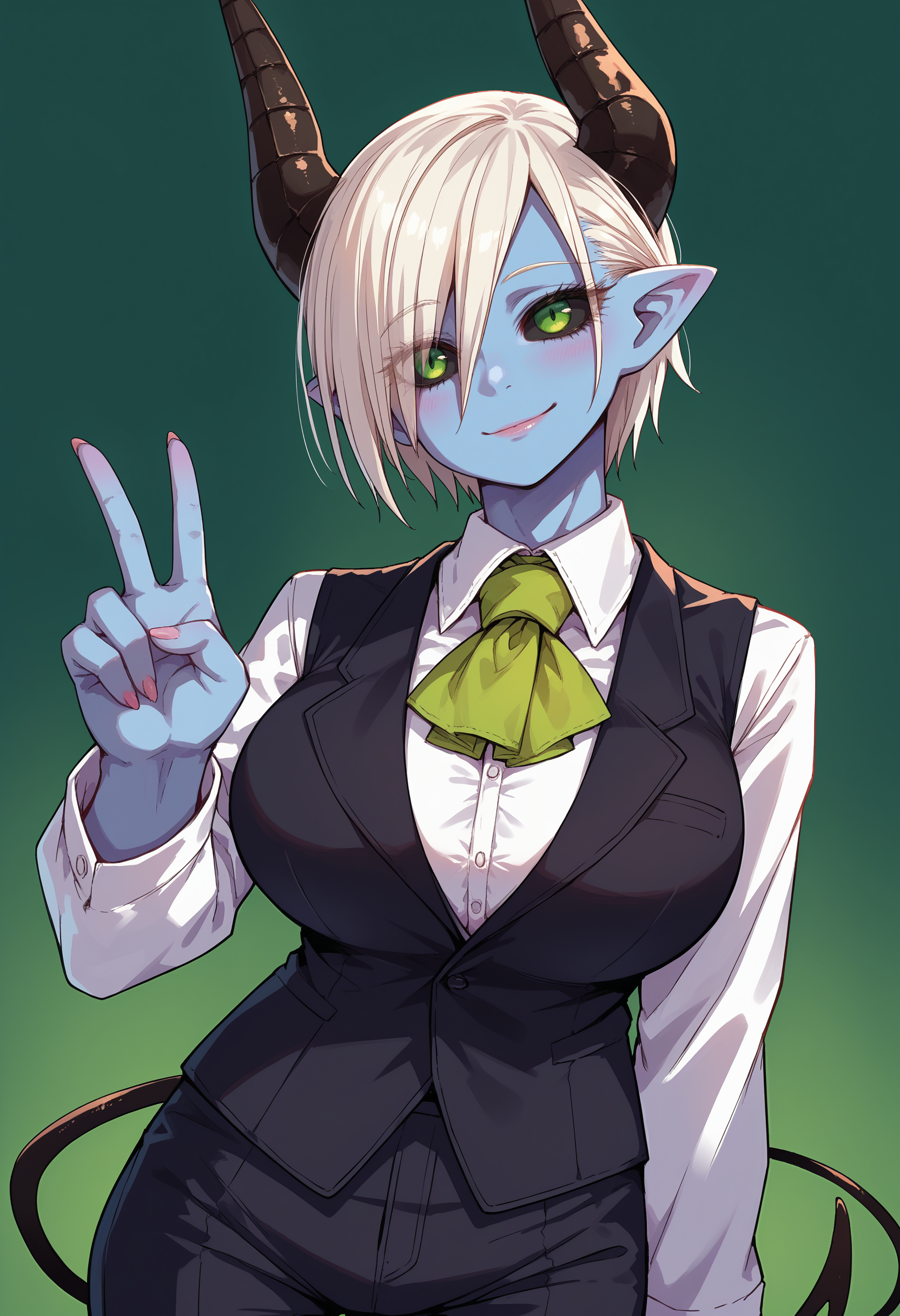 score_9, score_8_up, score_7_up, source_anime, <lora:wrenchMazohahaTeresa:1>, wrnchteresamazha, pointy ears, demon girl, demon horns, black horns, blue skin, huge breasts, 
black sclera, green eyes, 
white hair, short hair, hair over one eye, 
demon tail, 
dress shirt, white shirt, collared shirt, vest, black vest, green neckwear, formal, pants, blazer, welcoming, light smile, head tilt, v_arms,