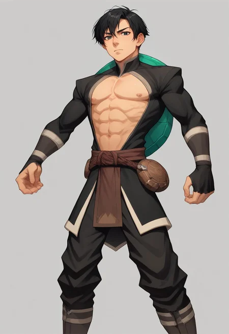 safe_pos, score_9, score_8_up, score_7_up, 8k, best quality, charturnerv2, sz4d3k, 1boy, even skin tone, cell shaded, male focus, indirect lighting, detailed face, detailed eyes, detailed, Expressiveh, adult male, Genbu, black hair, short hair, black eyes, black robes, tight clothes, black pants, black boots, bara male, pectorals, large chest, abs, Green crystal turtle shell, stern expression, standing, solo, alone, hands, detailed hands, anatomically correct hands, five fingers, NEGATIVE_HANDS