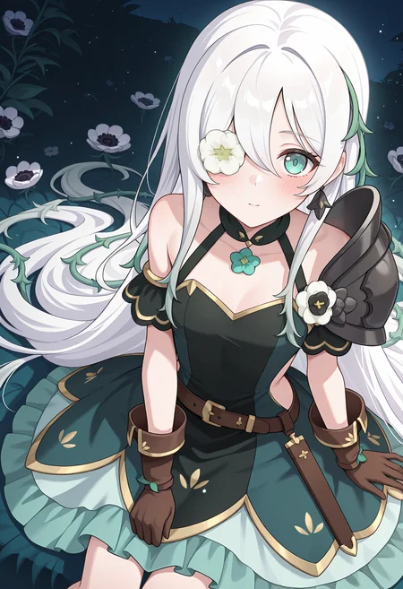 highres, best quality, masterpiece, night, outdoors, floral background, light particles,
1girl, solo, pcranmn, absurdly long hair, multicolored hair, white hair, hair over one eye, flower over eye, aqua eyes, hair vines,
panmndef, black earrings, two-tone dress, black dress, green dress, gold trim, sleeveless dress, bare shoulders, shoulder strap, plant strap, plant, detached sleeves, shoulder armor, single pauldron, flower, brown gloves, belt, green skirt, frilled skirt, side cutout,
blush, looking at viewer,
sitting, from above,
anemone \(flower\), vines,
<lora:_anemone_pcr-elesico-ilxlB:1>
